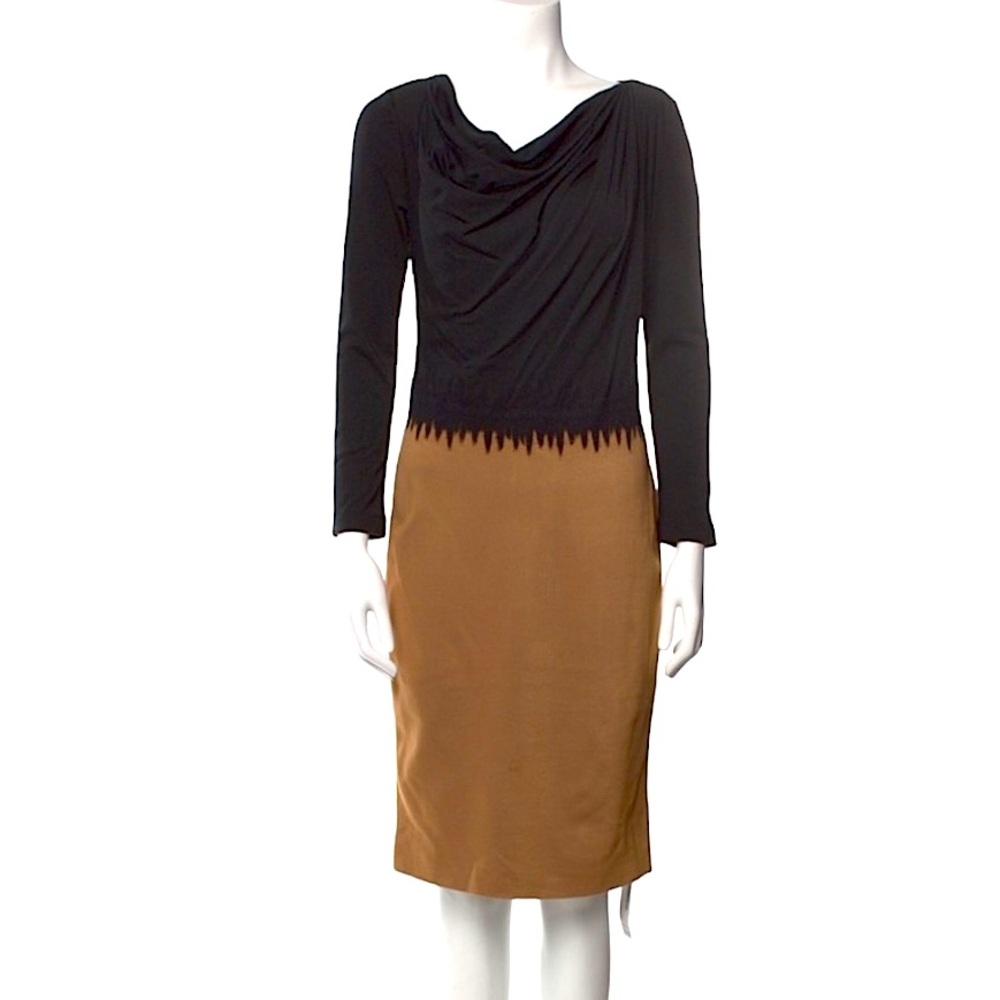 Escada Colorblock Caramel Black Cowl Neck Knee-Length Sheath Dress Size 12‎